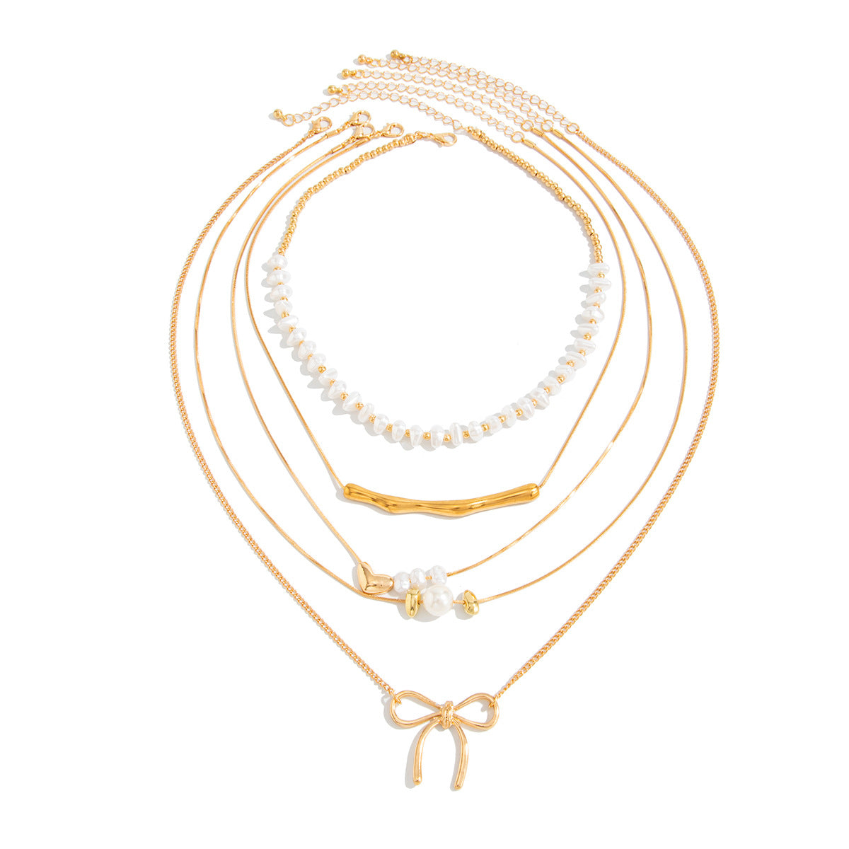 White Layered Heart & Bow Gold Plated Pearl Necklace For Women Bulk