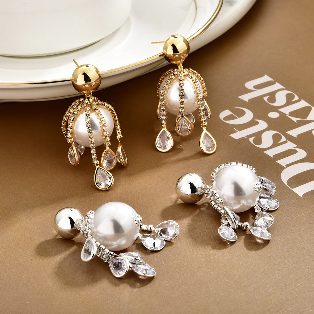 Gold Silver Pearl Cubic Zirconia Copper Drop Earrings For Women Bulk