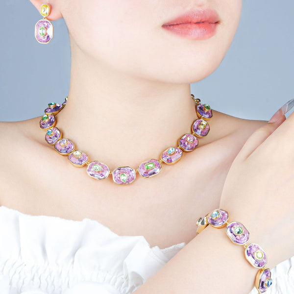 Purple Elegant Oval & Baguette Gold CZ Copper Necklace Combo Set Bulk Secondary image