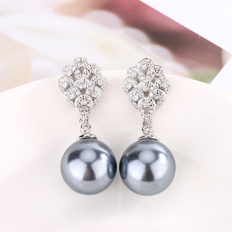 White Gray Elegant Leaf Silver CZ Pearl Copper Necklace Earring Set Bulk