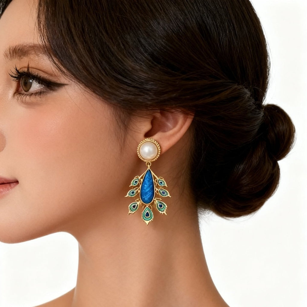 Designer Peacock Gold Blue & Green Enamel Pearl Dangler Earrings Bulk