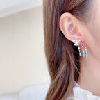 Floral Flower 18k Gold Plated Pink Red Crystals Cubic Zirconia Anti Tarnish Dangler Earrings For Women