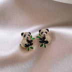 Luxury Gold Plated Panda Bear Green Enamel CZ Crystal Stud Earrings Bulk