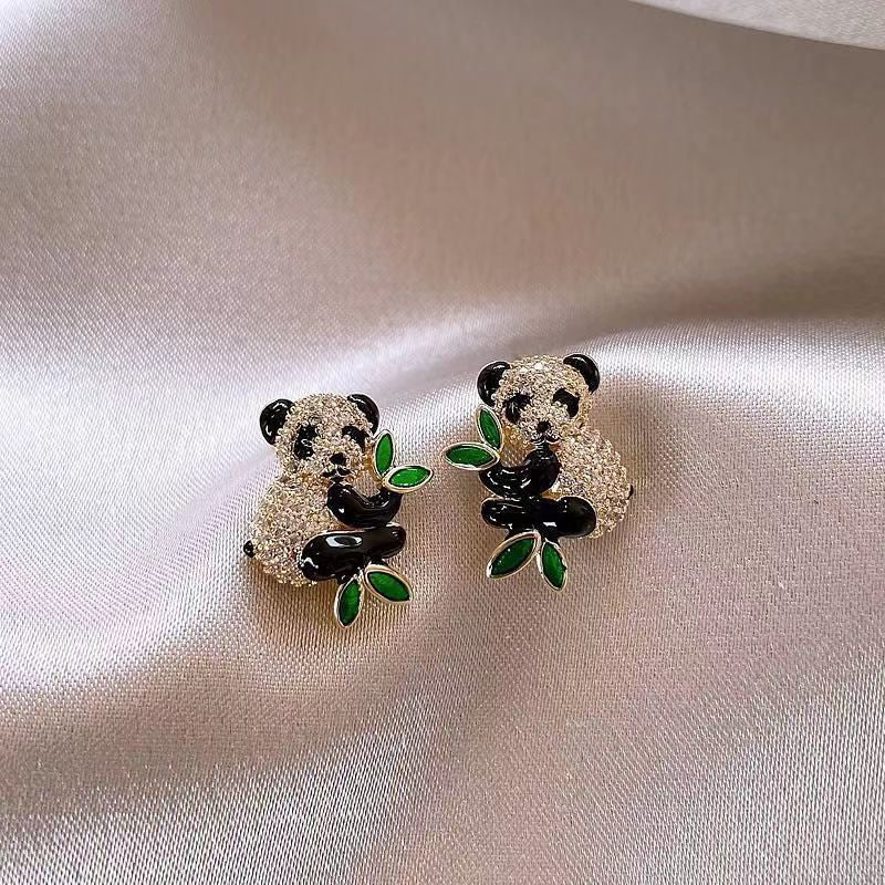 Luxury Gold Plated Panda Bear Green Enamel CZ Crystal Stud Earrings Bulk
