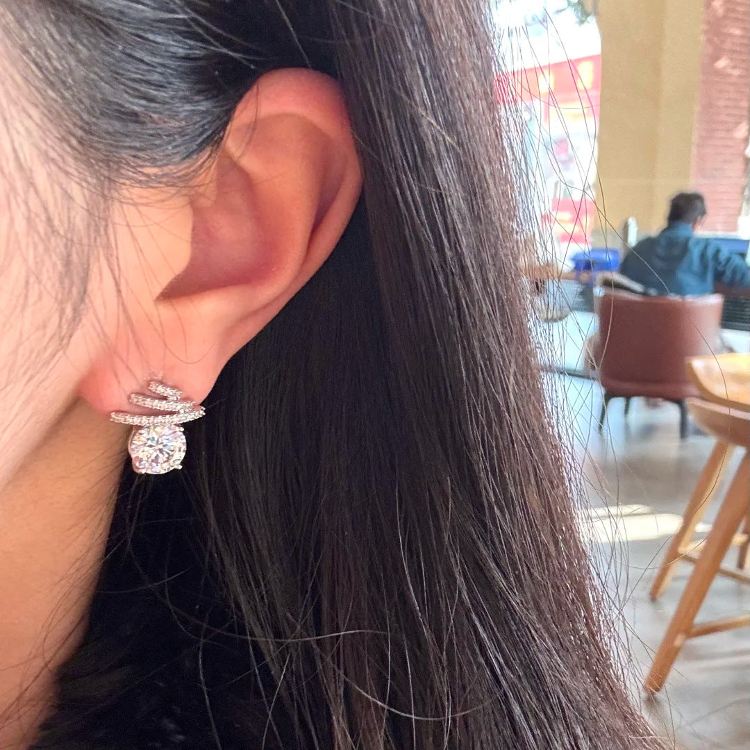 White Designer Layered Bar Round Silver CZ Copper Stud Earrings Bulk