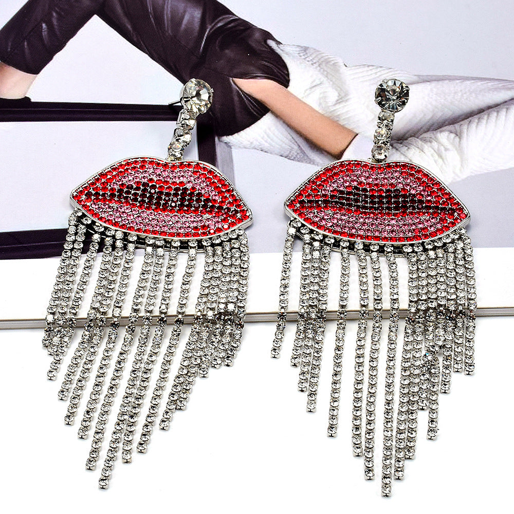 Big Lips Silver Red Crystal Rhinestones Dangle Tassel Earrings Bulk Main image