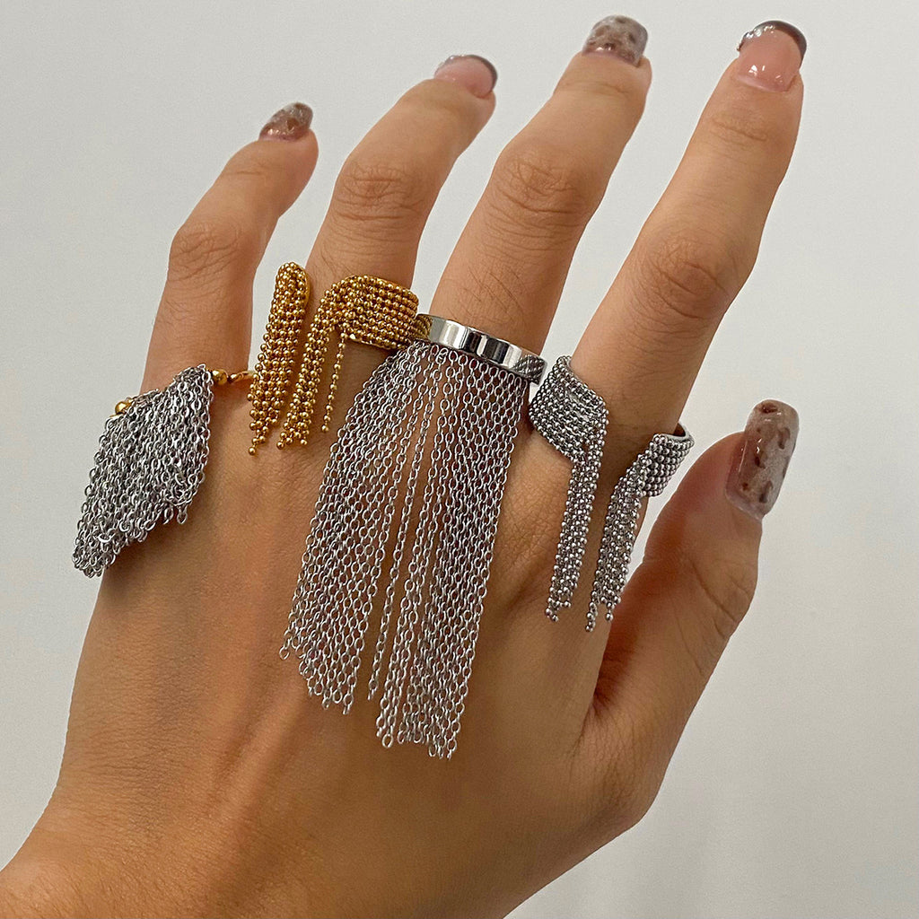 Surface Link Chain Silver Stainless Steel Adjustable Ring Women Bulk