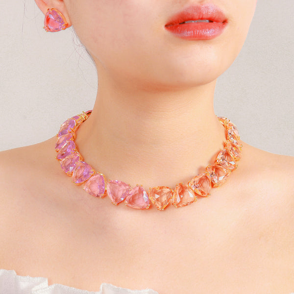 Pink White Designer Heart-Cut Gold CZ Copper Necklace Earring Set Bulk Secondary image