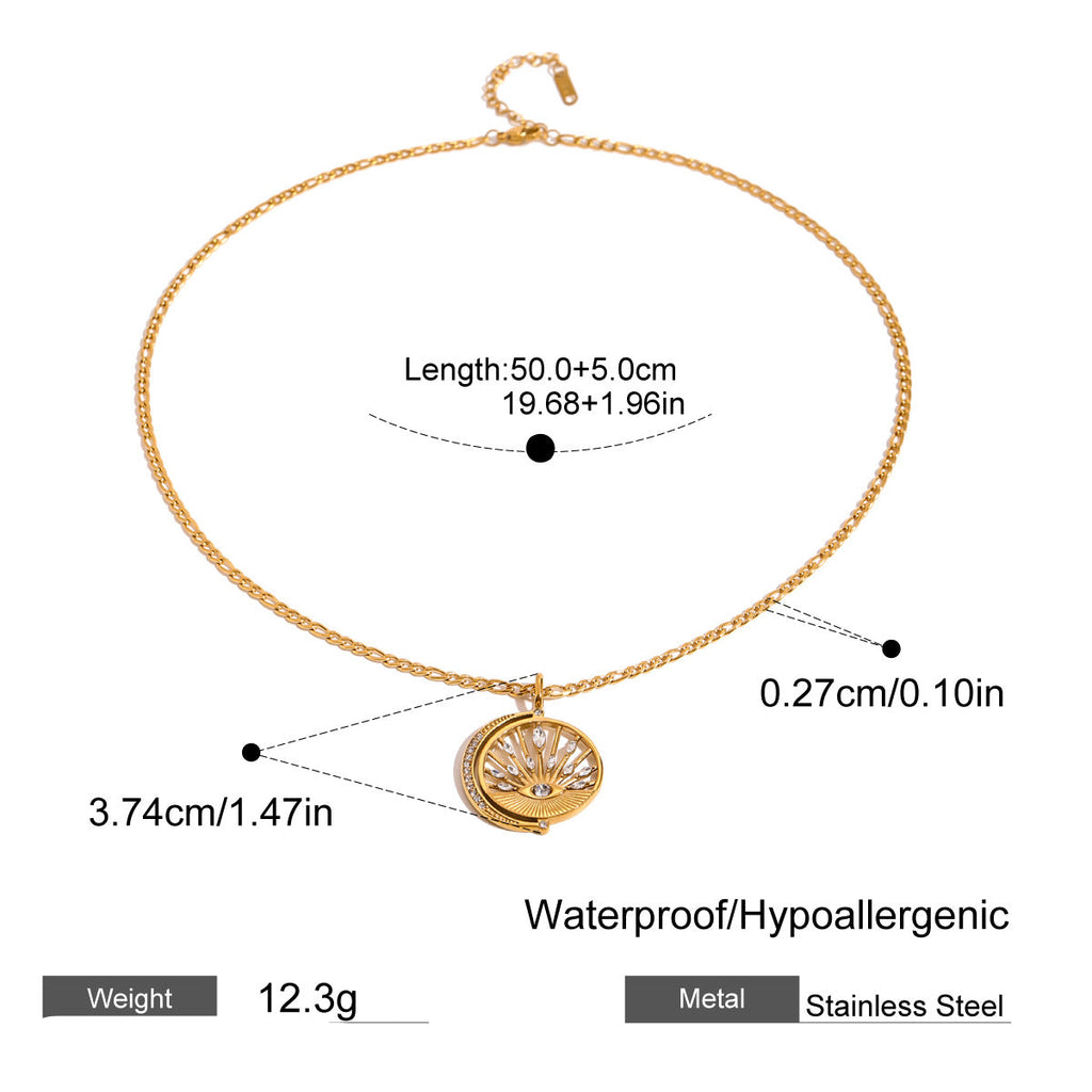 Sun Evil Eye 18K Gold Cubic Zirconia Anti Tarnish Stainless Steel Necklace Pendant Chain For Women