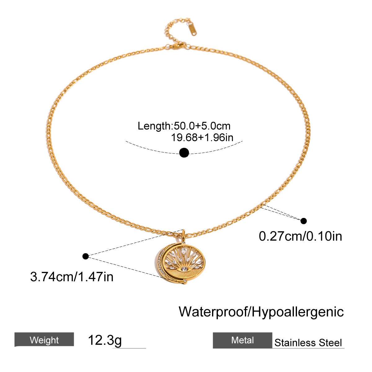 Sun Evil Eye 18K Gold Cubic Zirconia Anti Tarnish Stainless Steel Necklace Pendant Chain For Women