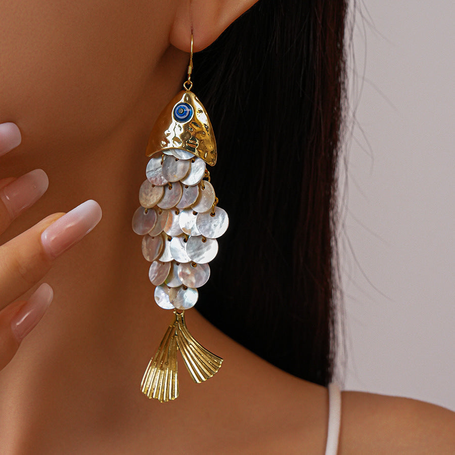 Gold Silver Fish-Shell Mother of Pearl Alloy Dangler Earrings Bulk