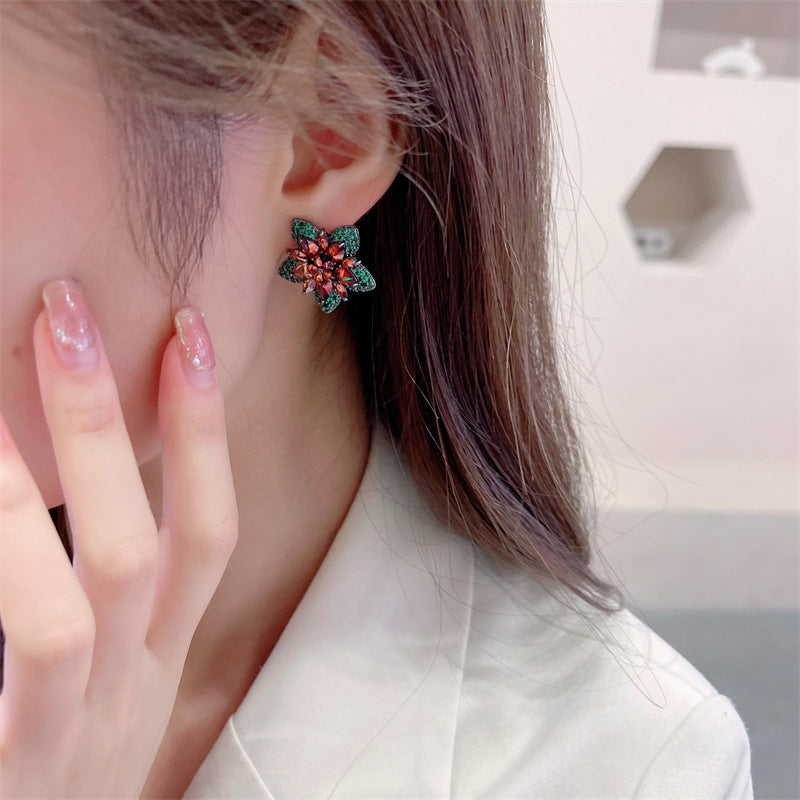 Floral Star Flower Black Green Pink Cubic Zirconia Crystal Anti Tarnish Stud Earring For Women