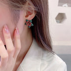 Floral Star Flower Black Green Pink Cubic Zirconia Crystal Anti Tarnish Stud Earring For Women