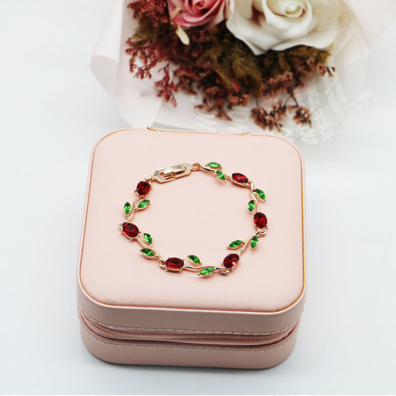 Elegant Rose Gold Bracelet With Red Crystals And Green Leaves Bulk