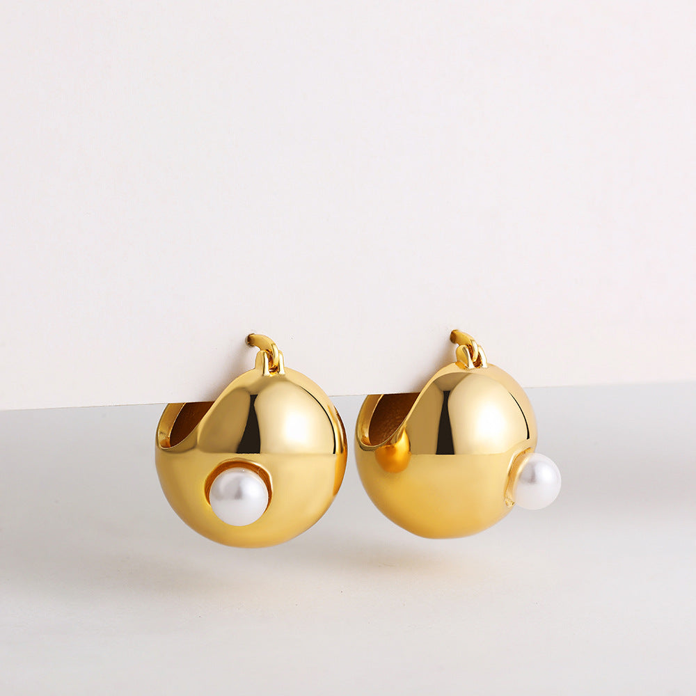 Modern Puffy Gold Silver Pearl Stainless Steel Hoop Earrings Wholesale