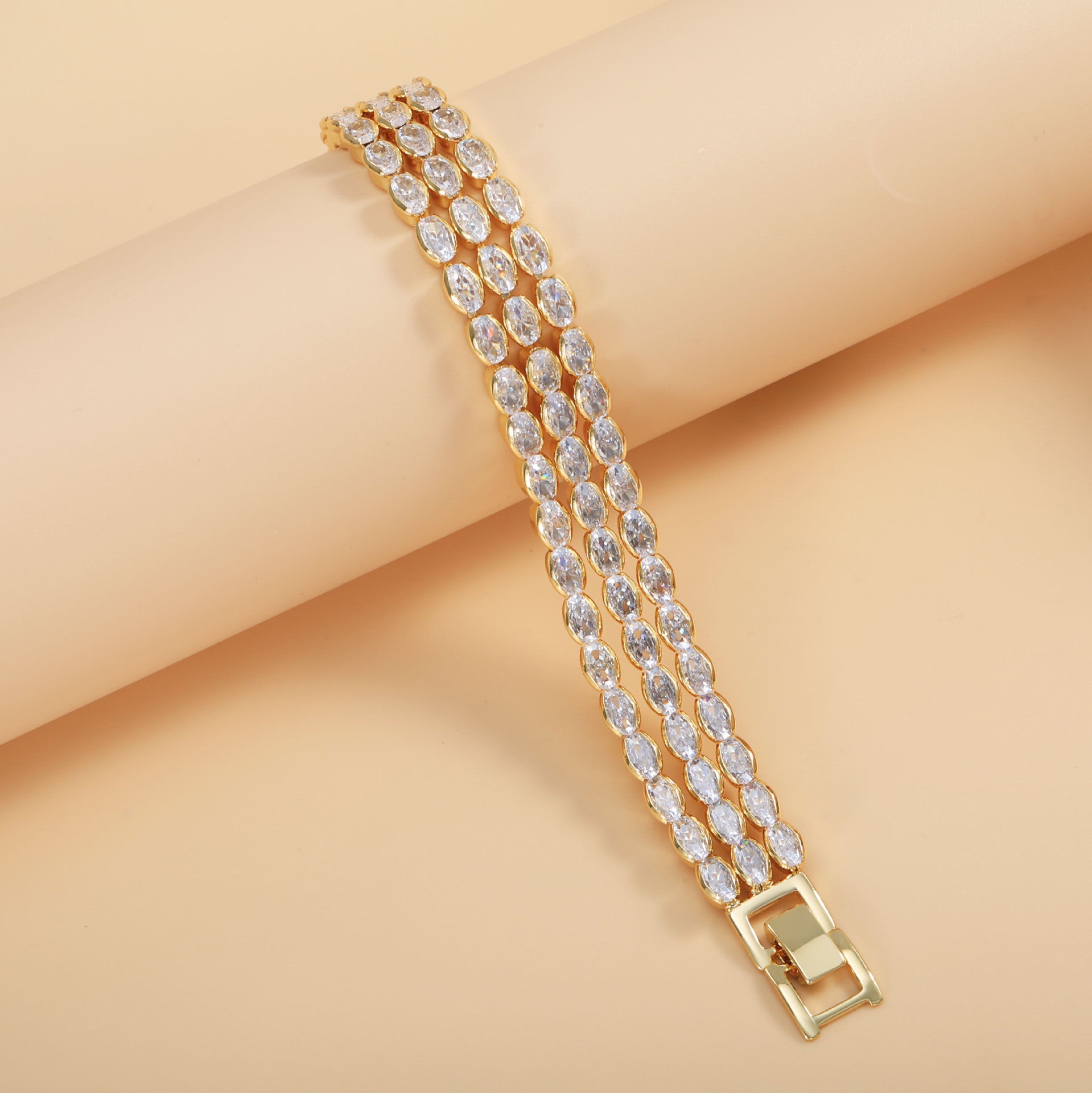 Bulk Luxury Triple Row Marquise Gold Silver Plated CZ Copper Bracelet