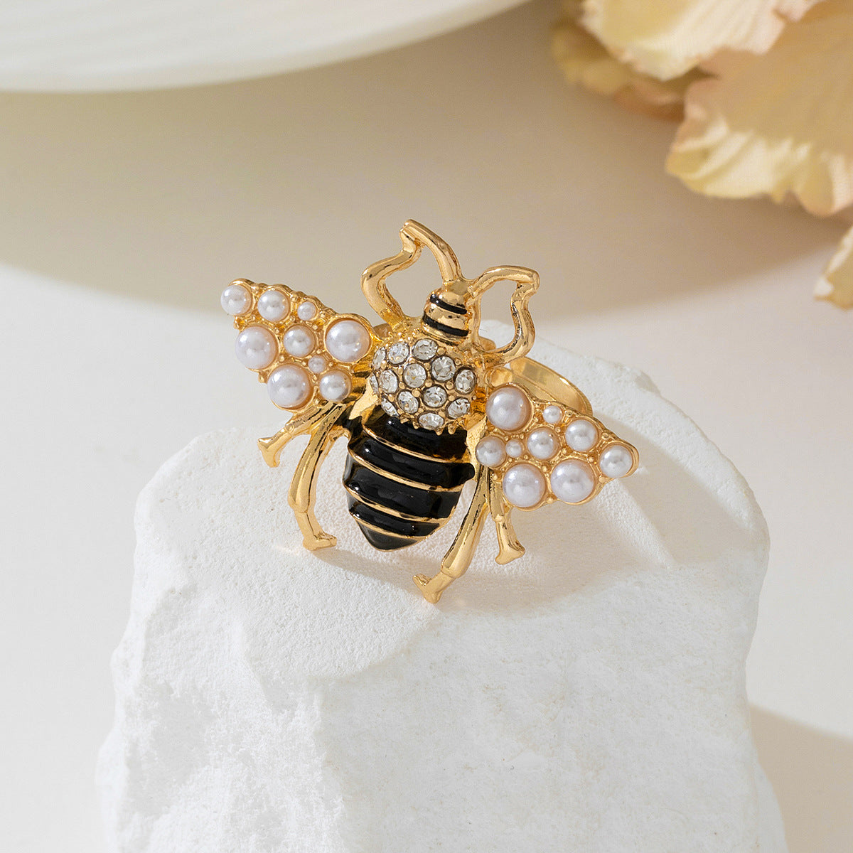Insect Honeybee Pearl CZ Enamel Black 18K Gold Adjustable Ring Bulk