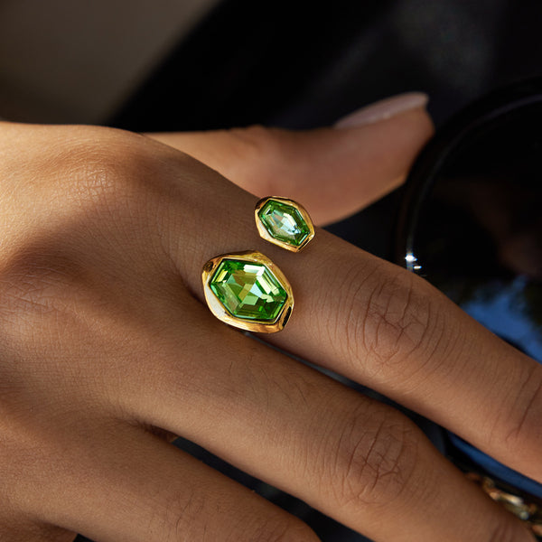 Dual Gold Geometric Green CZ Stainless Steel Adjustable Cocktail Ring Bulk Main image