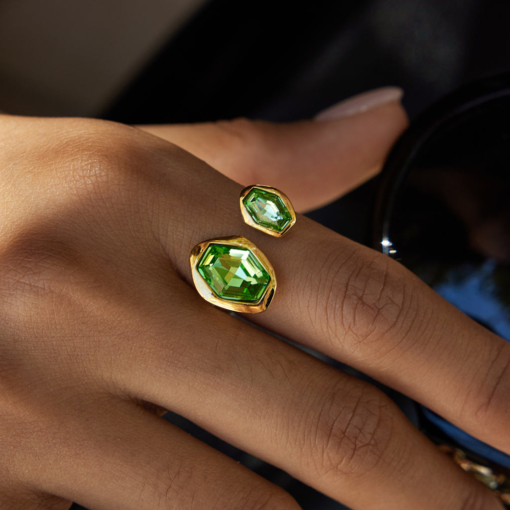 Dual Gold Geometric Green CZ Stainless Steel Adjustable Cocktail Ring Bulk