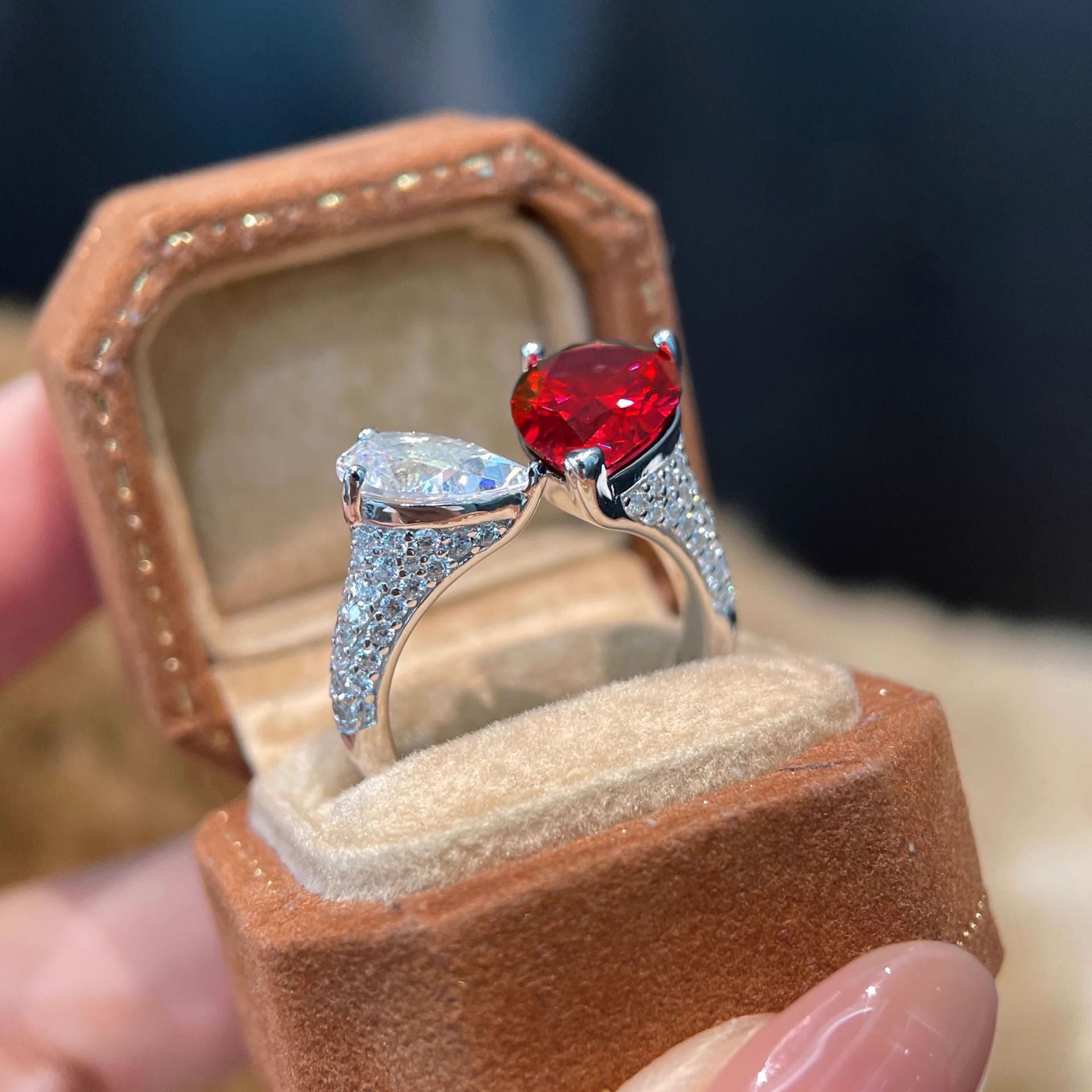 Dual Drop Solitaire CZ Silver Red Green Blue Anti Tarnish Ring Bulk