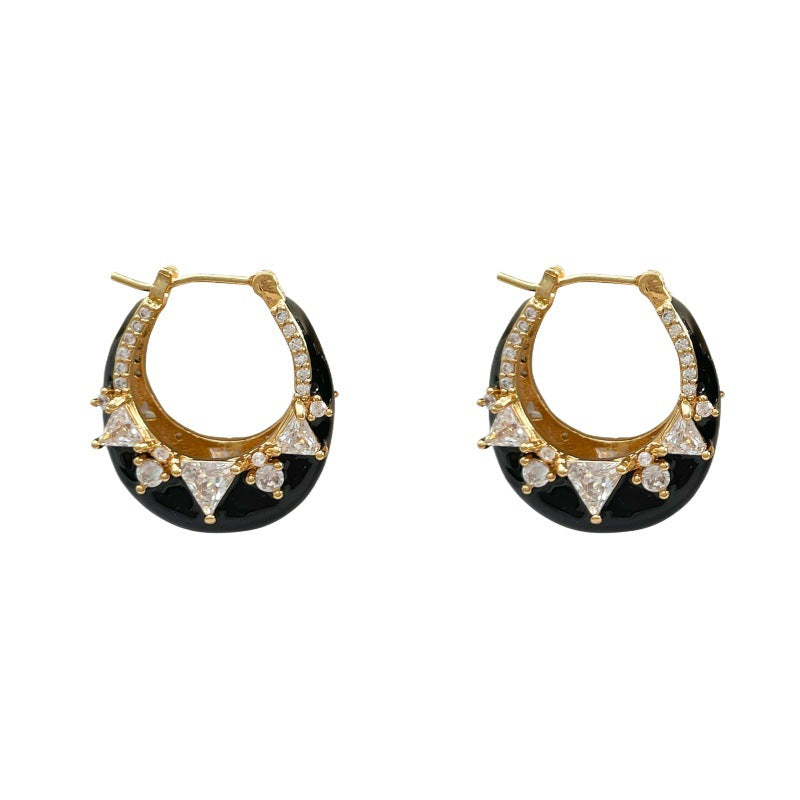 Solitaire Enamel Black 18K Gold Silver Anti Tarnish Hoop Earring Bulk