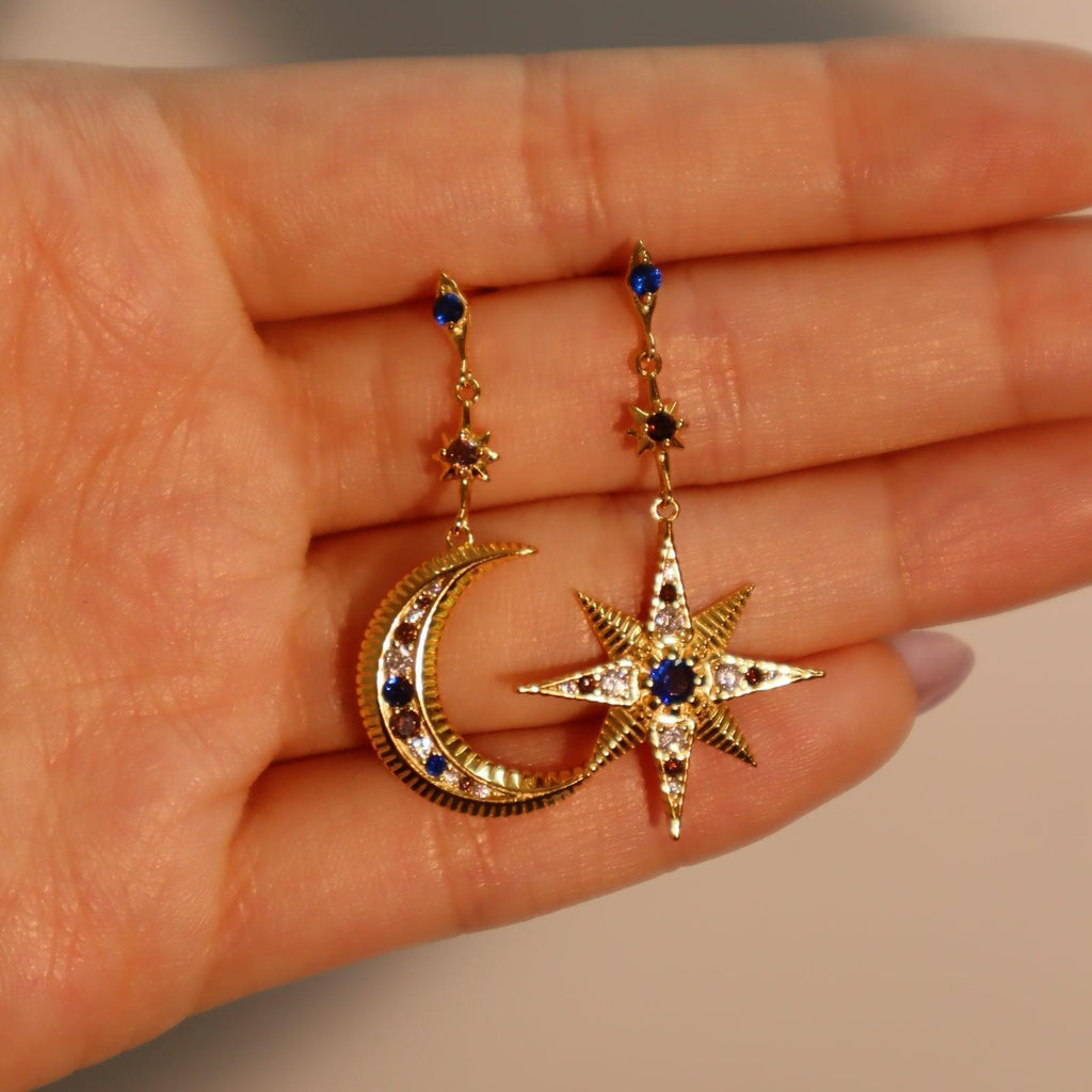 Star Moon 18K Gold CZ Anti Tarnish Dangler Hoop Earring Bulk