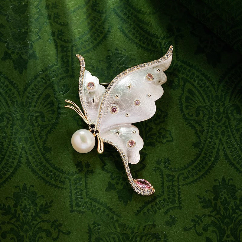 White Black Butterfly Gold CZ Pearl Brass Anti Tarnish Brooch Wholesale