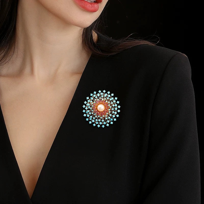 Designer Round Floral Gold Silver Plated CZ Pearl Copper Brooch Bulk