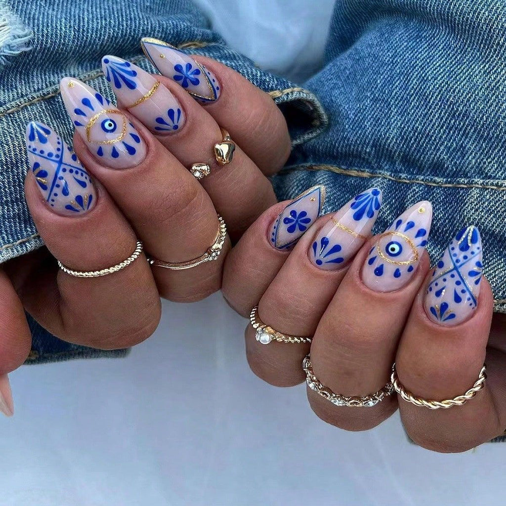 Flower Evil Eye Blue Gold Finger Nail Pack Of 10 + Extra 14 Women Bulk