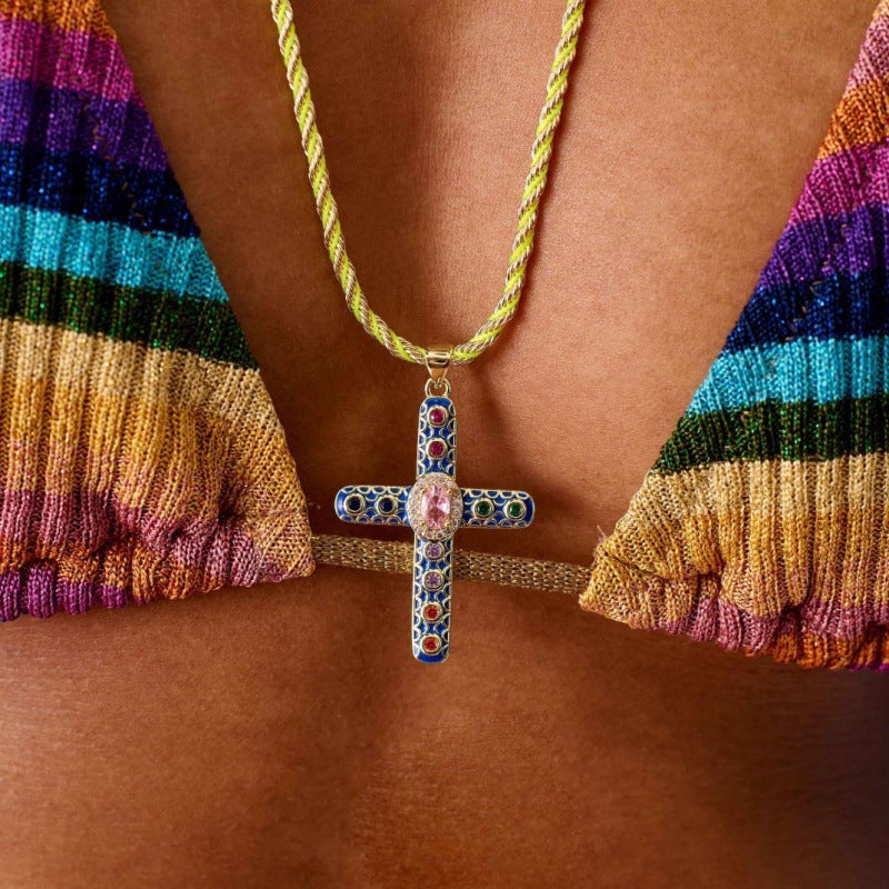 Cross Rosary Prayer Crystal Enamel 18K Gold Thread Anti Tarnish Necklace Pendant For Women