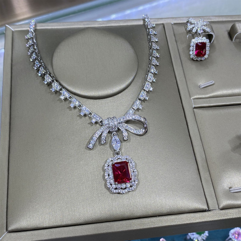 Ruby Red Emerald Cut CZ Silver Plated Copper Necklace Combo Set Bulk