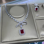 Ruby Red Emerald Cut CZ Silver Plated Copper Necklace Combo Set Bulk