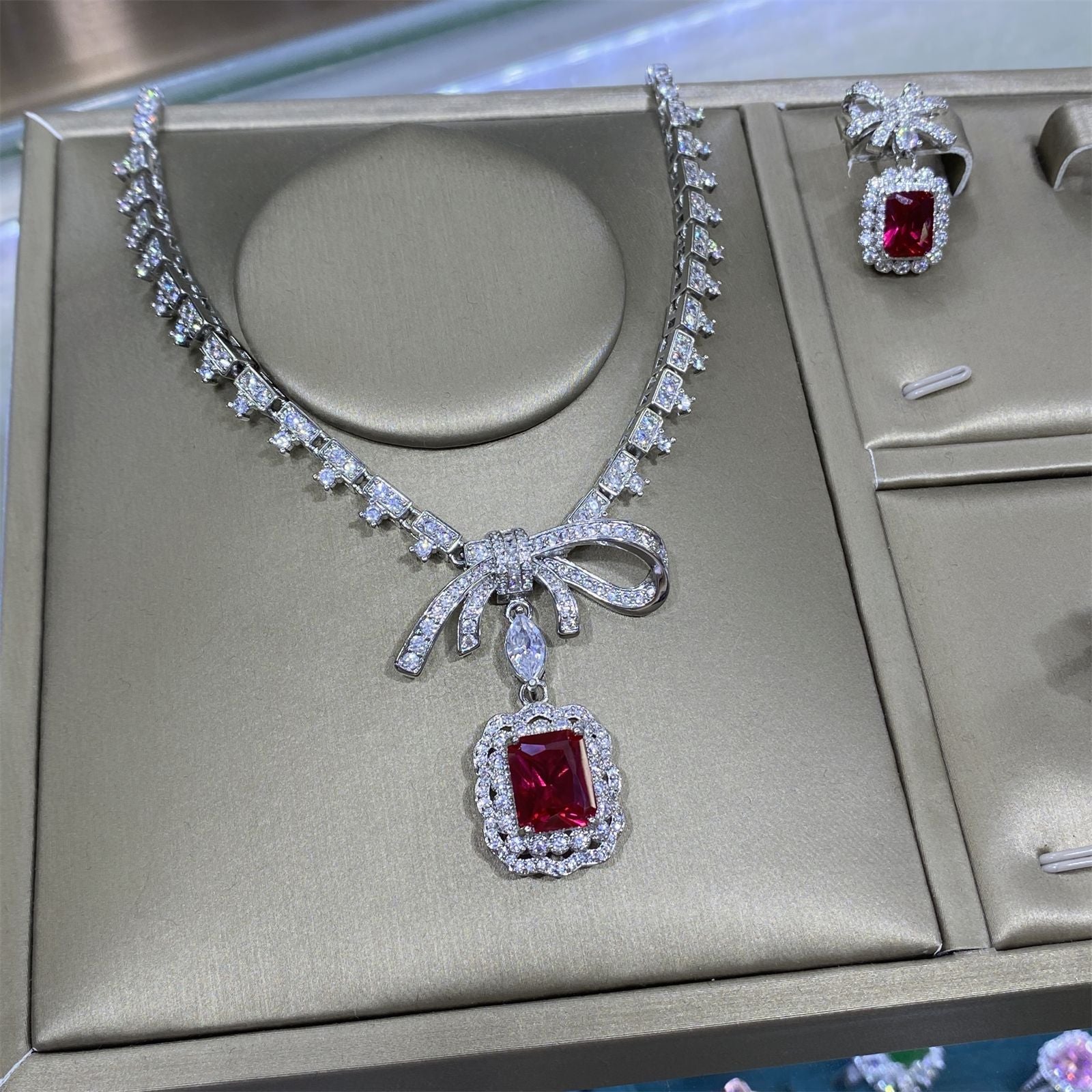 Ruby Red Emerald Cut CZ Silver Plated Copper Necklace Combo Set Bulk