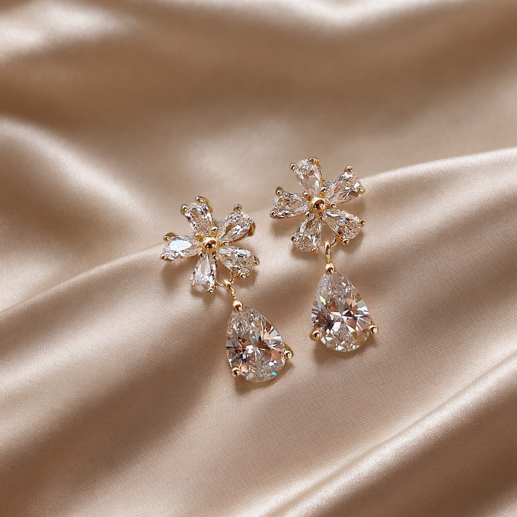 Gold Silver Flower Cubic Zirconia Dangler Earrings For Women Bulk