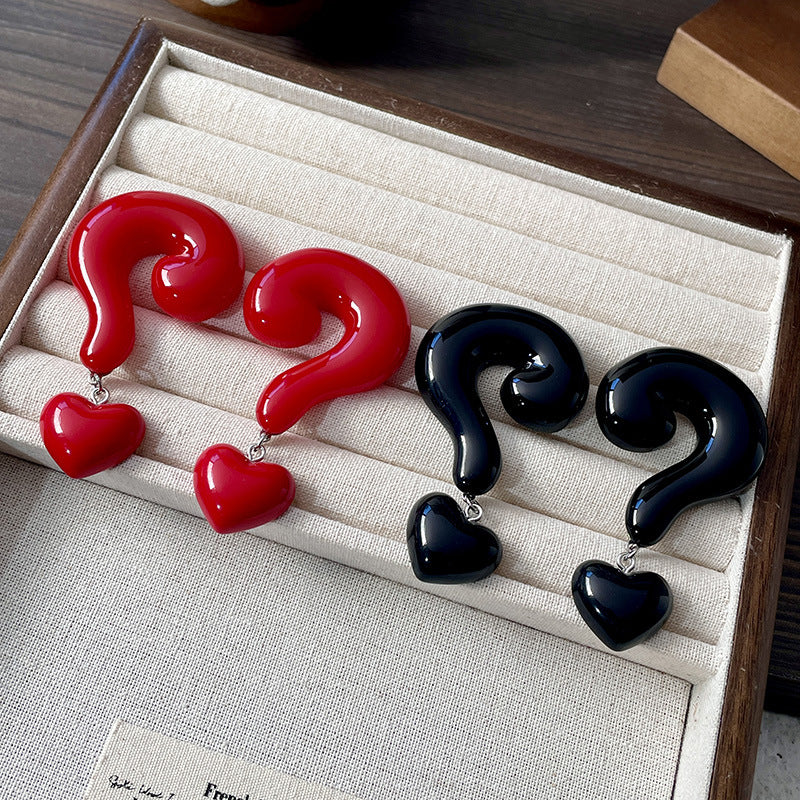 Question Mark Heart Enamel 18K Gold Red Black Anti Tarnish Dangler Drop Earring For Women