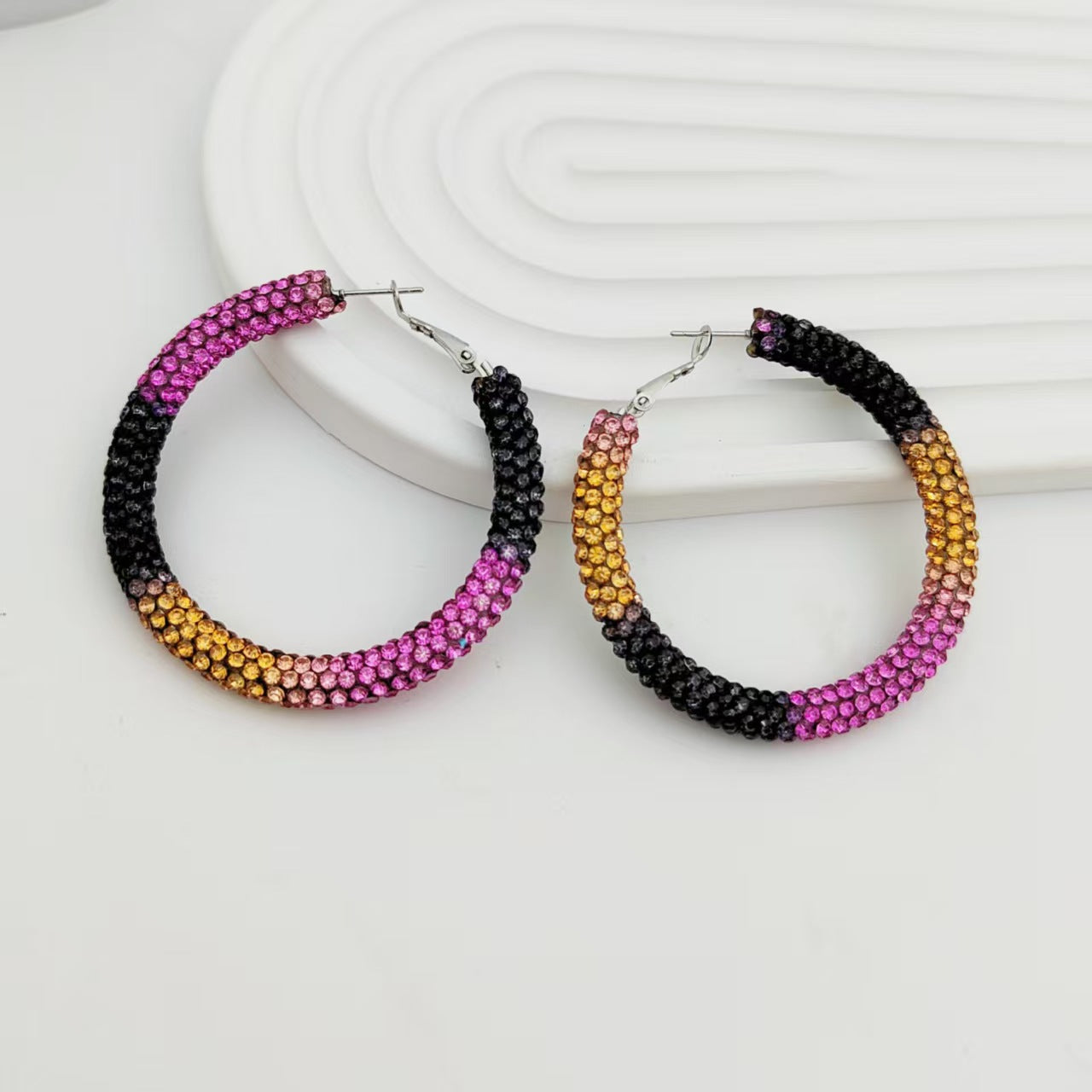 Multi Color High-Shine Gradient Crystal Silver CZ Hoop Earrings Bulk