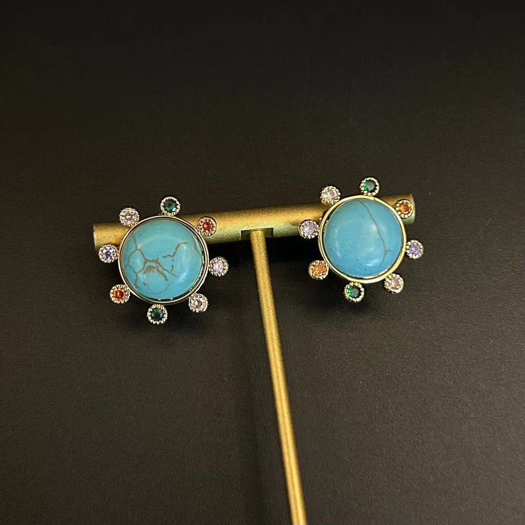 Multi Round Gold CZ Turquoise Anti Tarnish Copper Stud Earrings Bulk