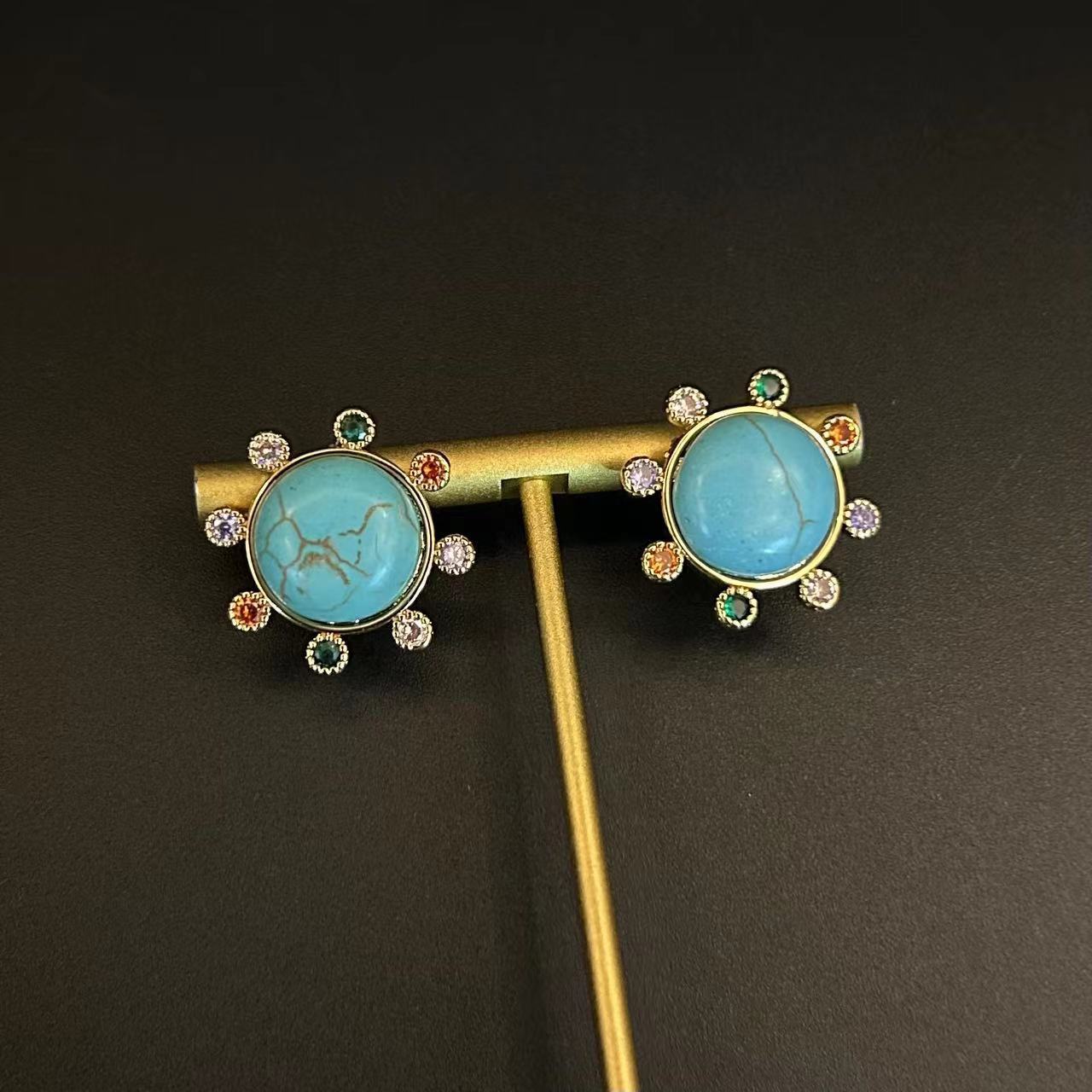 Multi Round Gold CZ Turquoise Anti Tarnish Copper Stud Earrings Bulk