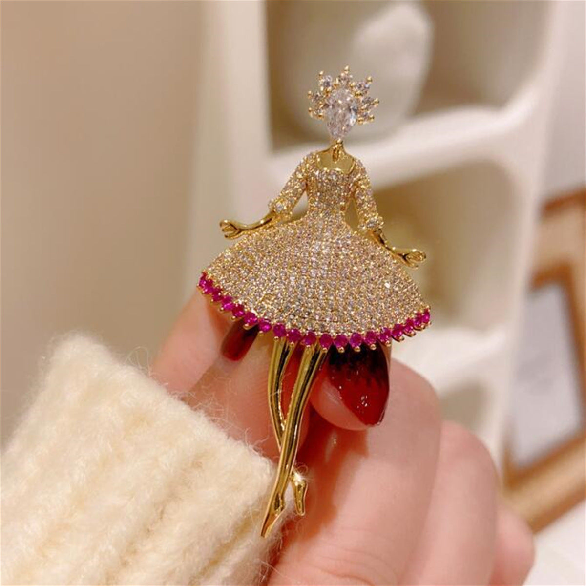 Pink Trendy Dancing Girl Gold Plated CZ Copper Anti Tarnish Brooch Bulk