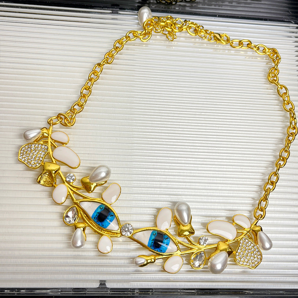 Evil Eye Leaf 18K Gold CZ Enamel Pearl Necklace Earring Set Bulk Main image