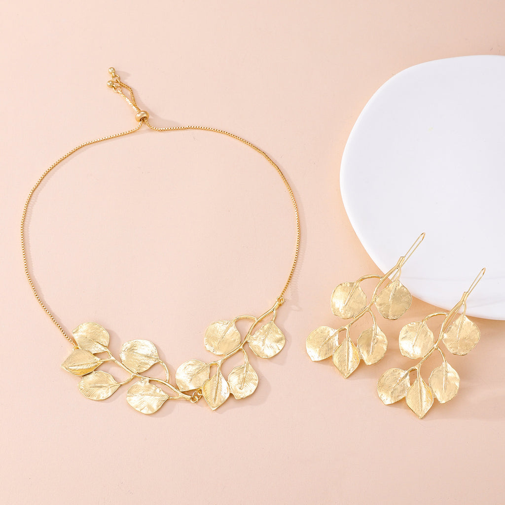 Leaf Flower 18K Gold Plated Anti Tarnish Necklace Earring Set Bulk