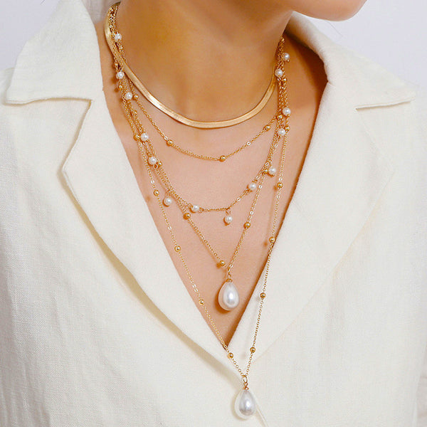 Drop White 18K Gold Anti Tarnish Pearl Layer Link Chain Anti Tarnish Necklace For Women Main image