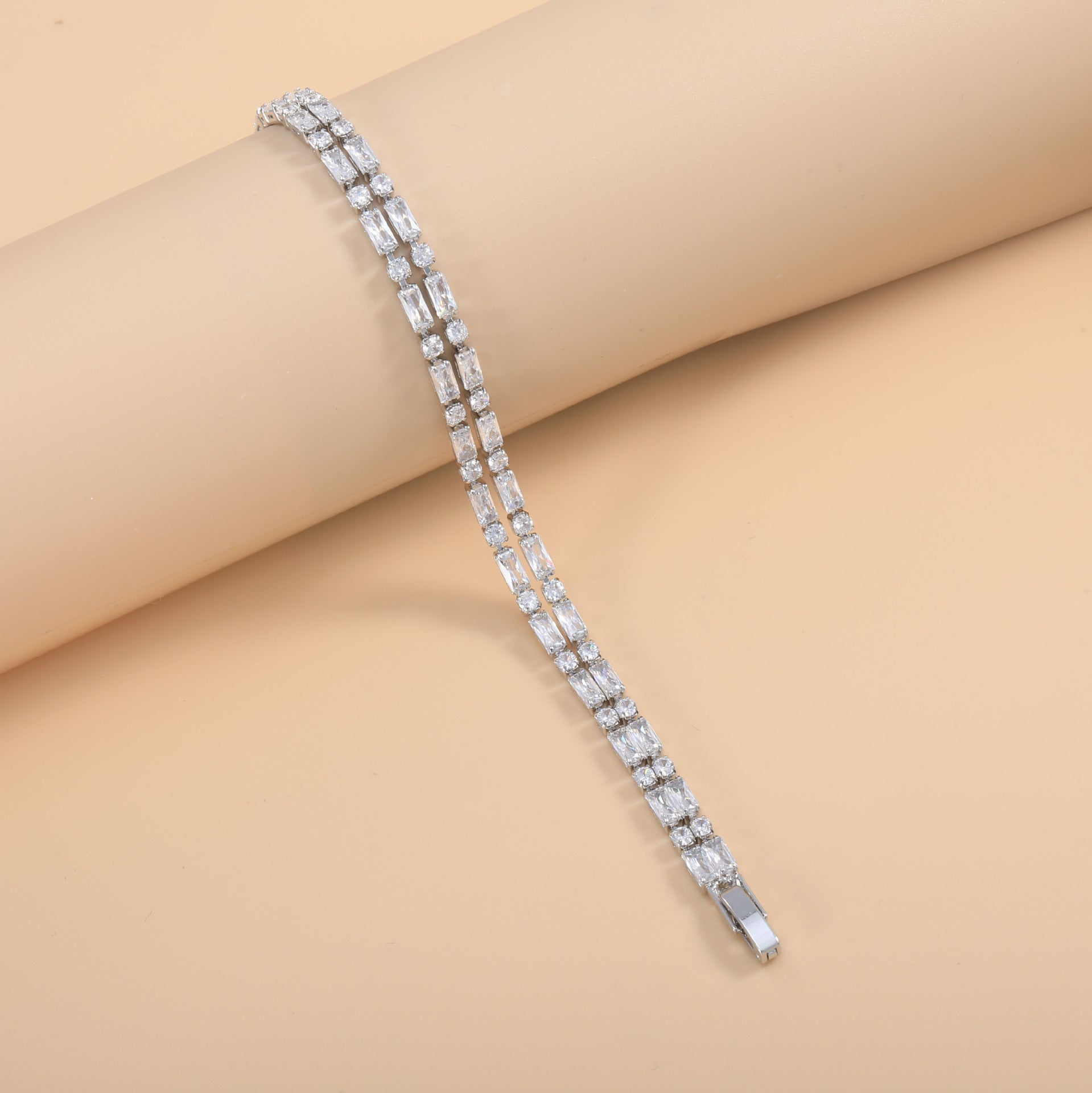 Wholesale Layered Baguette Rose Silver Yellow Gold CZ Copper Bracelet Secondary image