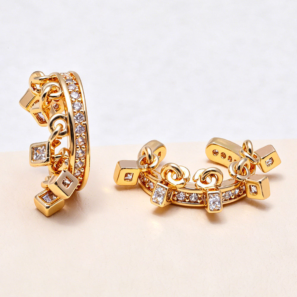 Gold Silver Dangling Square Cubic Zirconia Copper Ear Cuff Earrings Bulk