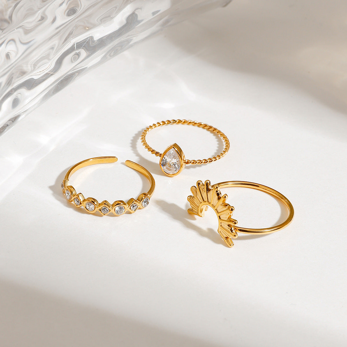 Trendy Sunburst Style Gold CZ Stainless Steel Adjustable Ring Wholesale