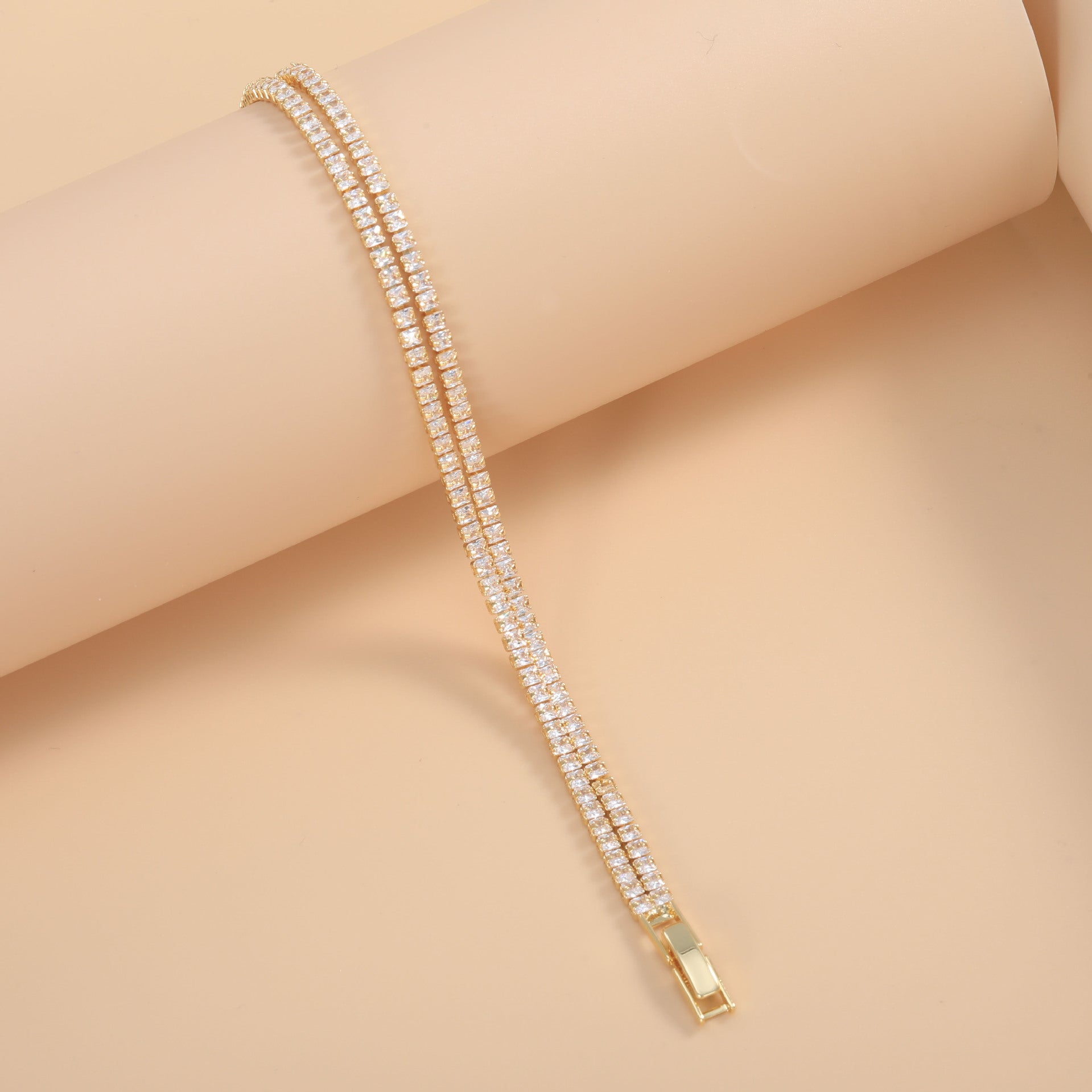 Bulk Luxury Double Line Round Cut Gold Silver Plated CZ Copper Bracelet