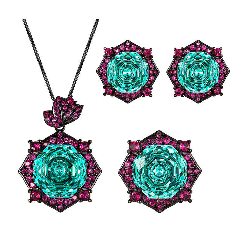 Rose Crystal Green Pink Black Pendant Earring Ring Set For Women Bulk