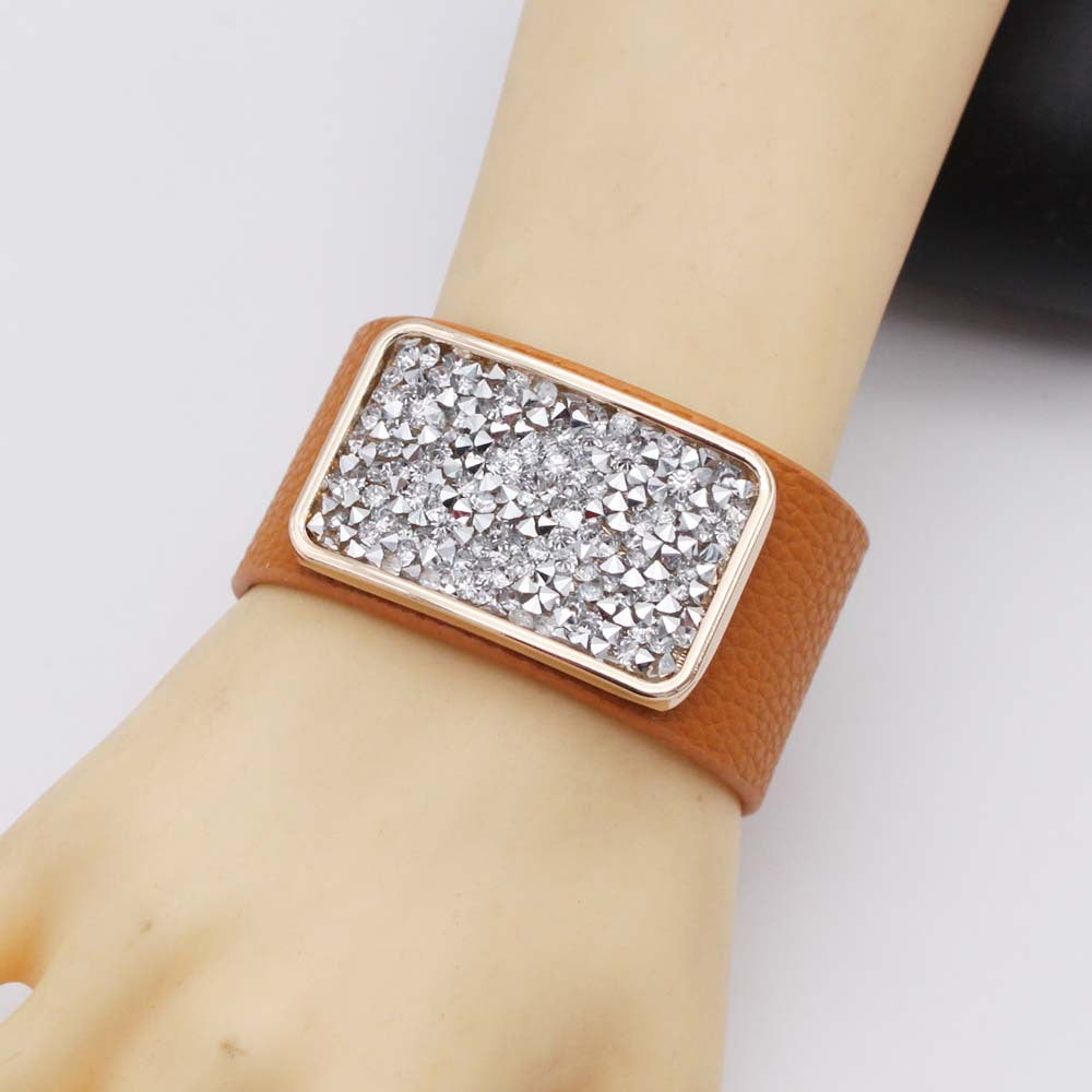 Rectangle CZ Rose Gold Anti Tarnish Wrist Band Leather Bracelet Bulk Secondary image