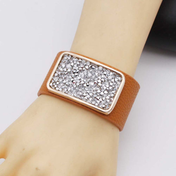 Rectangle CZ Rose Gold Anti Tarnish Wrist Band Leather Bracelet Bulk Secondary image