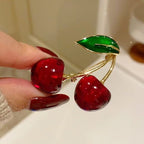 Red Cherry Gold Enamel Brooch For Women